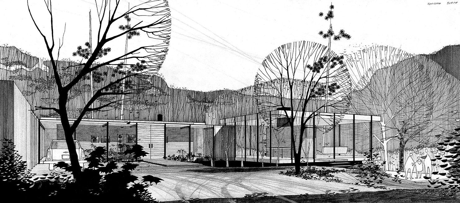 A pen and ink drawing of a mid-century home surrounded by trees.