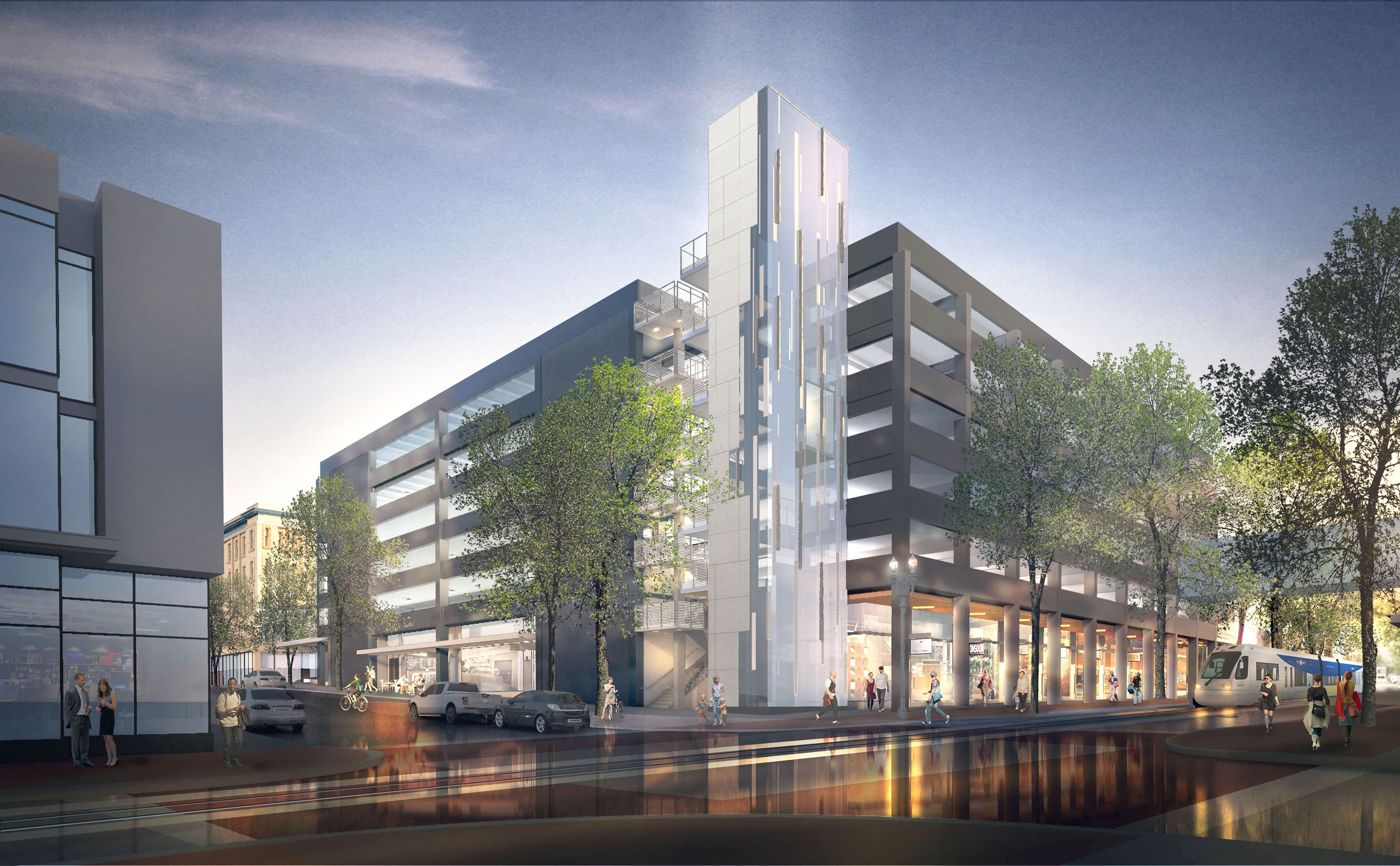 10th & Yamhill Parking Garage Rehabilitation. Rendering showing the Northeast corner of a six-story grey masonry parking garage with retail on the main floor. The stairway on the corner of the building is clad in patterned metal with breaks at various levels which creates transparency.