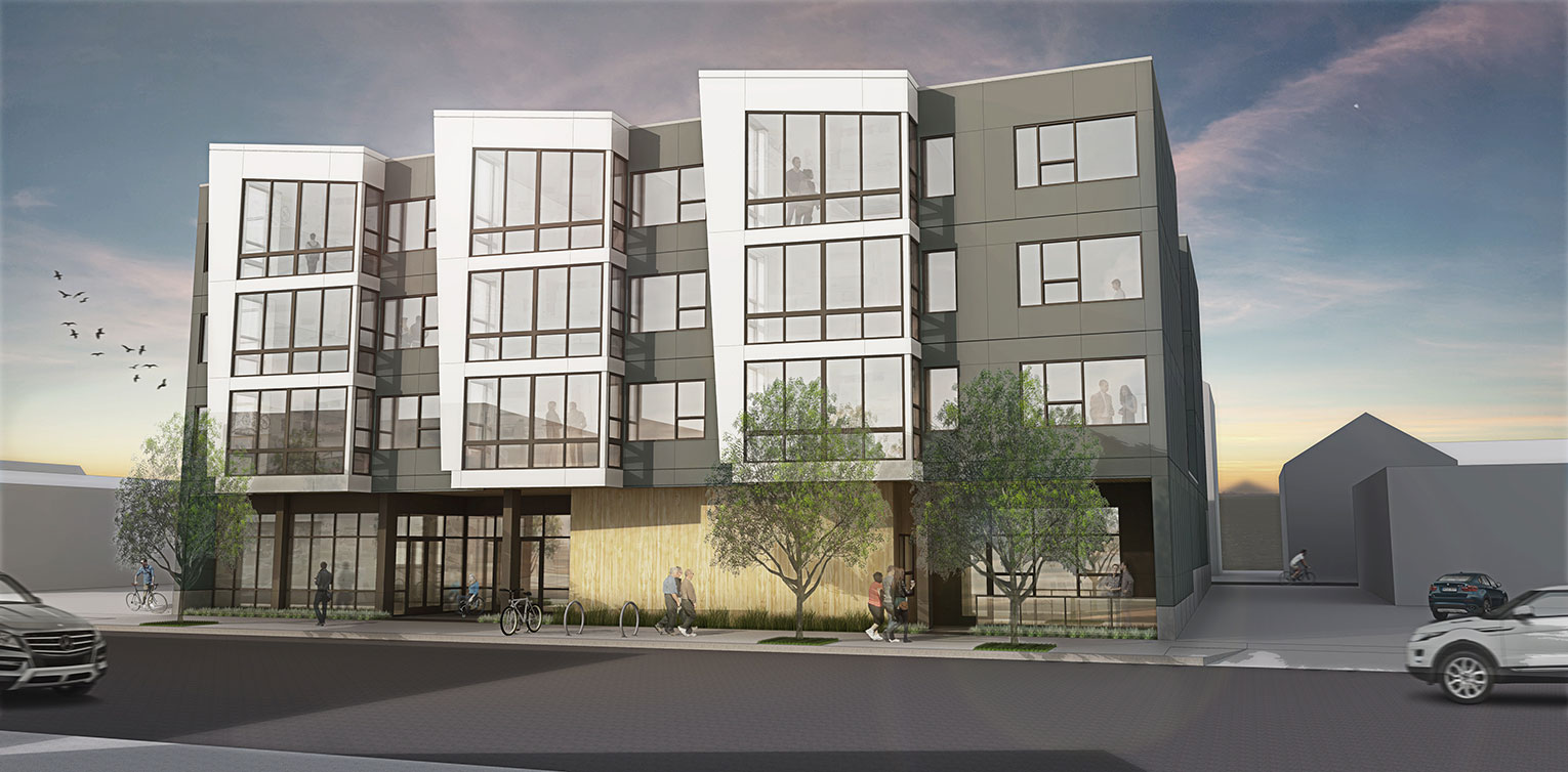 North Lombard Mixed-Use. A contemporary, four story apartment building with ground floor office space. Three distinct portions of the residential floors jut outward from the main building. Large windows are incorporated throughout.