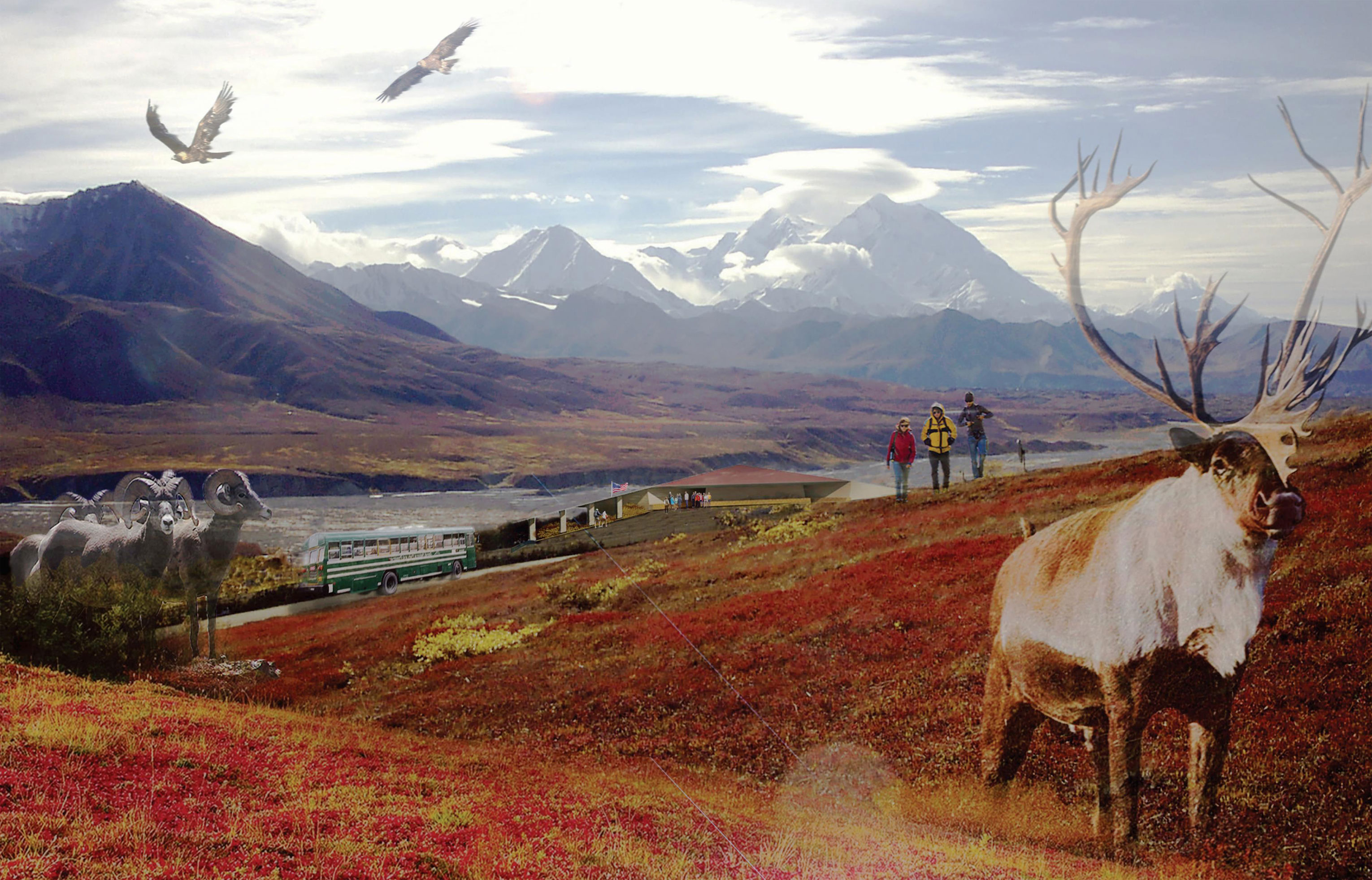 Eielson Visitor Center Roof Redesign. Rendering shows a red-hued meadow with a moose, mountain goats and hikers. In the background is a single story visitor center that blends almost seemlessly into its environment. A mountain range which includes Denali, looms in the distance.