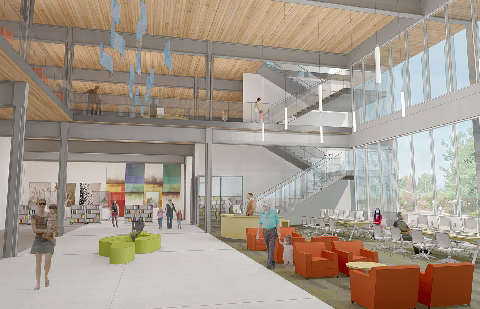 Springfield Public Library Study. Renderning of a library's double-height reading room featuring library patrons, rich orange and green upholstered seating, and an open staircase with walkway above the main floor.