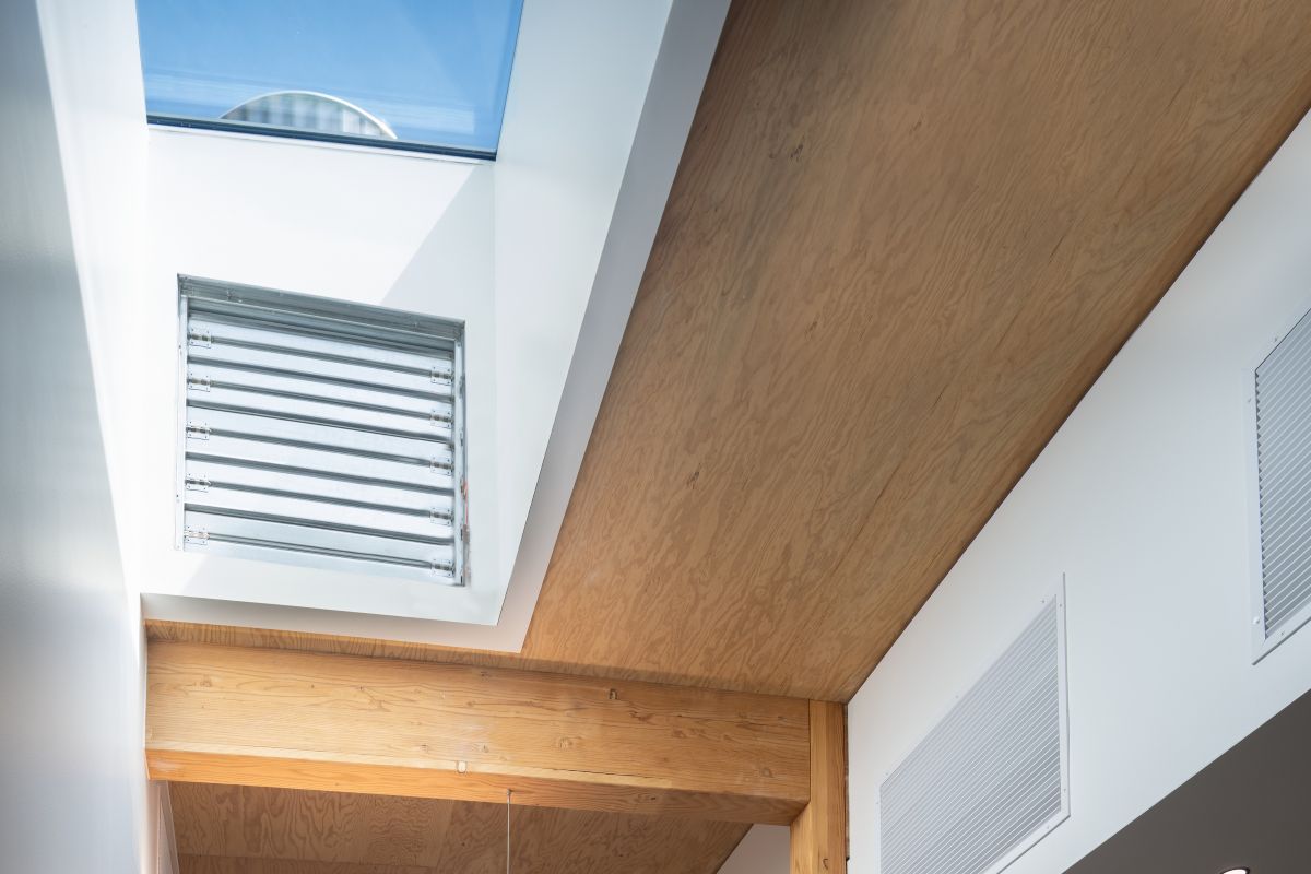 An operable skylight supports natural ventilation and daylight within the Chemeketa Agriculture Complex’s mass timber interior.