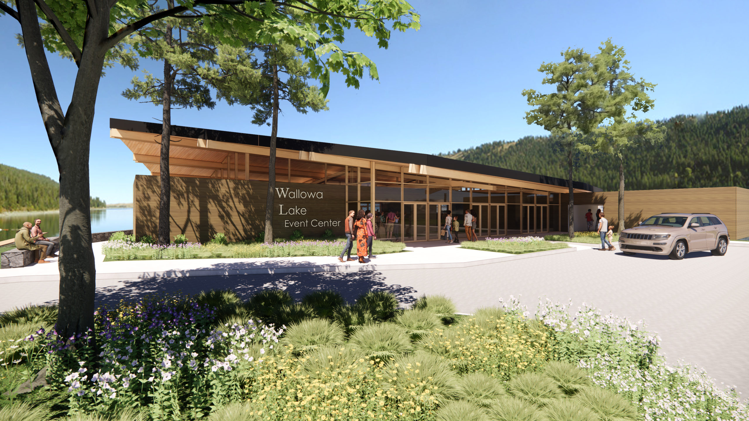 Wallowa Lake Event Center Concept Design. Glass-walled event center with flat, angled mass-timber roof showing people in the foreground and Wallowa Lake in the background.