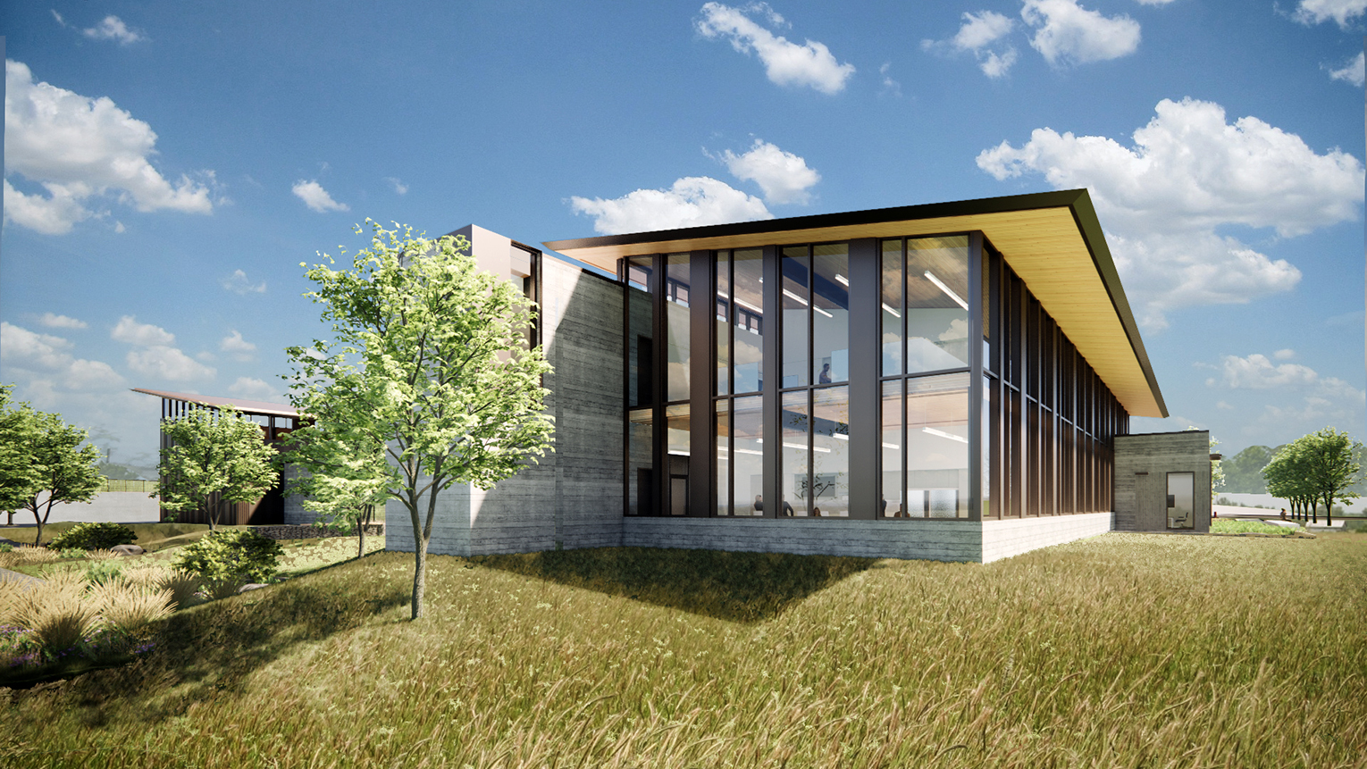 Sunrise Water Authority Administrative & Field Operations Facility. Exterior rendering of a two-story, glass-walled administrative building on a grassy site with small trees. Blue skies and white clouds above.