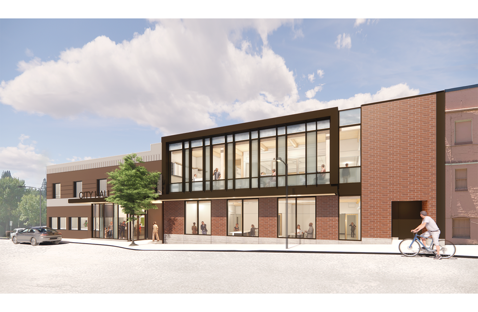 Exterior rendering of renovated and expanded Forest Grove City Hall featuring floor to ceiling windows on the second floor addition. Both the additon, as well as the original building, which can be seen in the background are clad in brick. A bicyclist is riding by on the right.