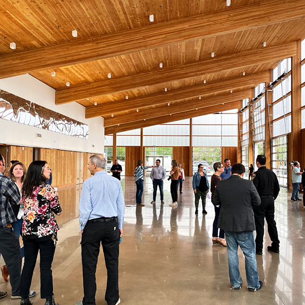 A pavilion with mass timber ceiling and structural elements. Walls are made with a polycarbonate that let light stream in. 