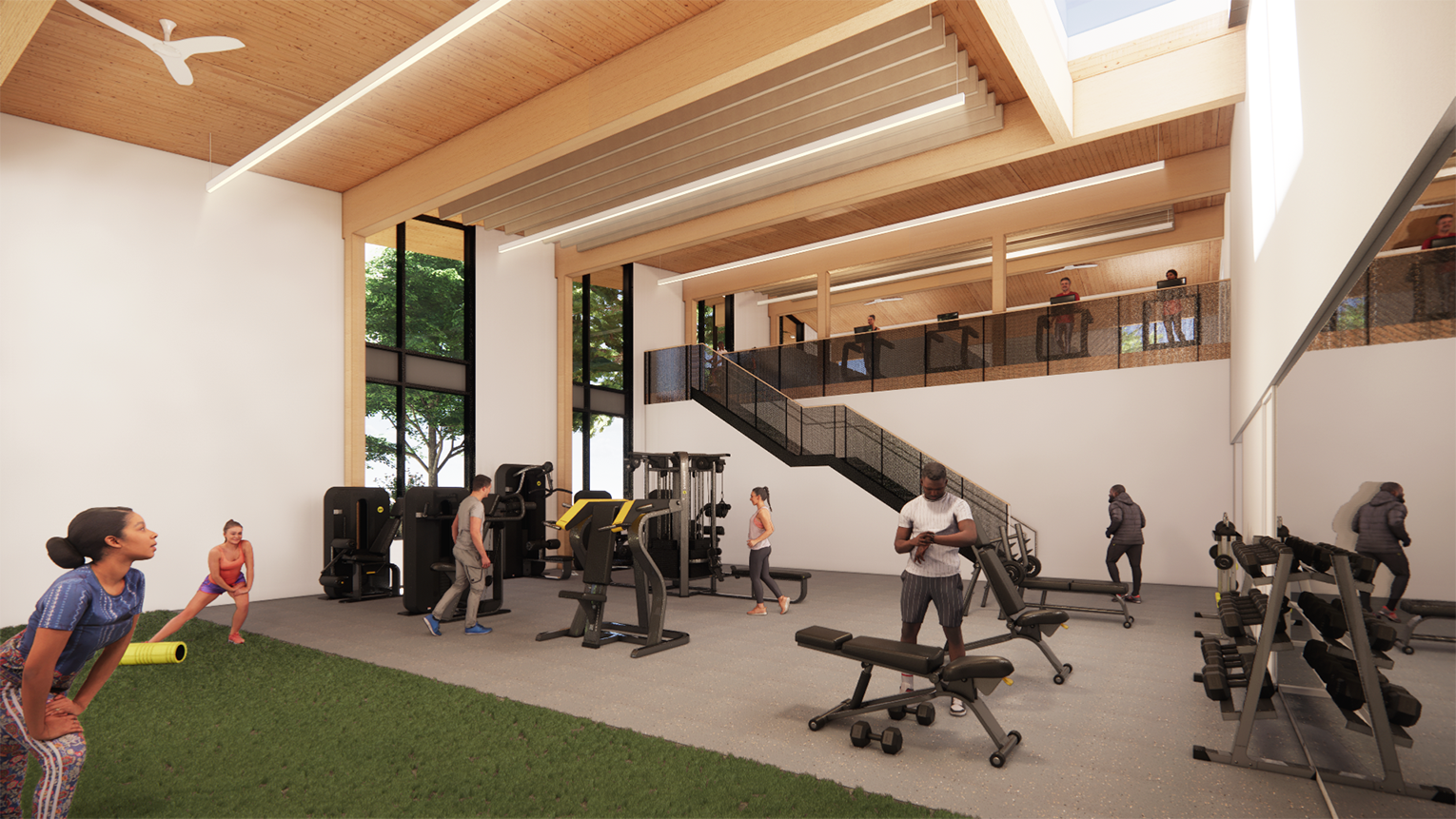 Fitness center with equipment and people working out.