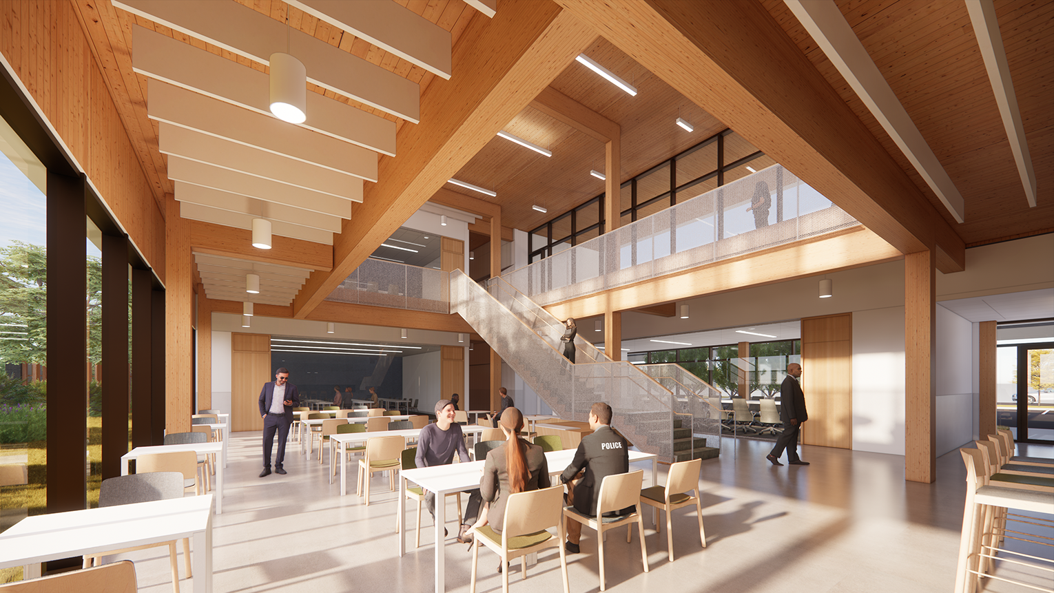 Large breakroom with high ceilings and lots of natural light