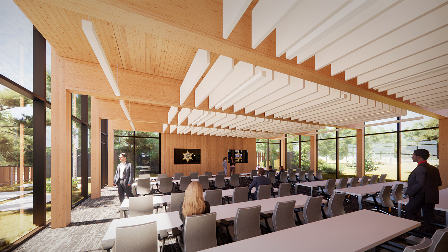 Large training room with mass timber walls and ceilings and large windows