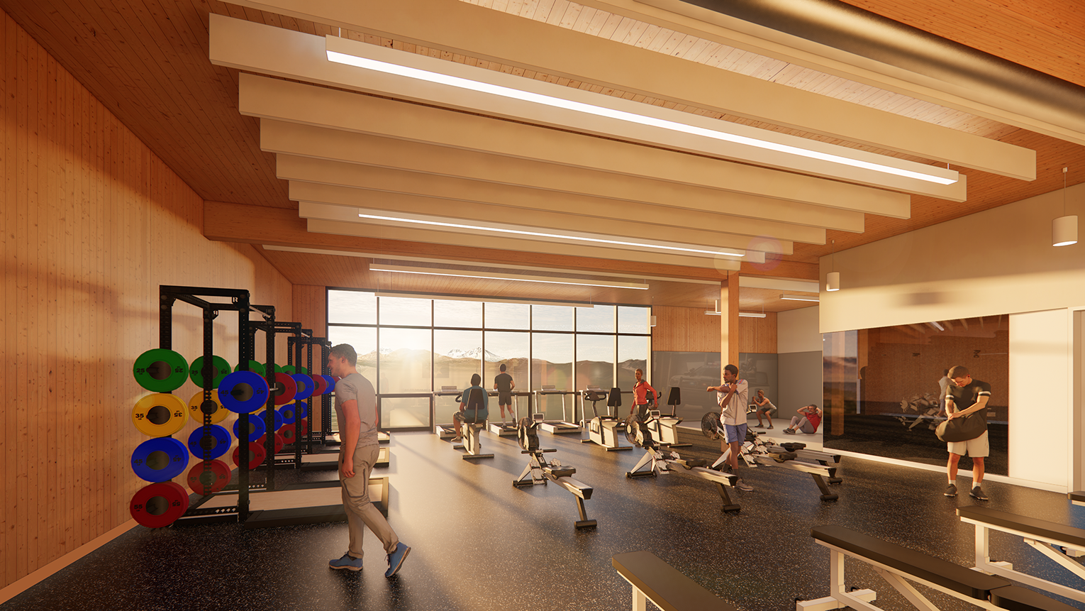 Workout room with equipment, weights and people exercising