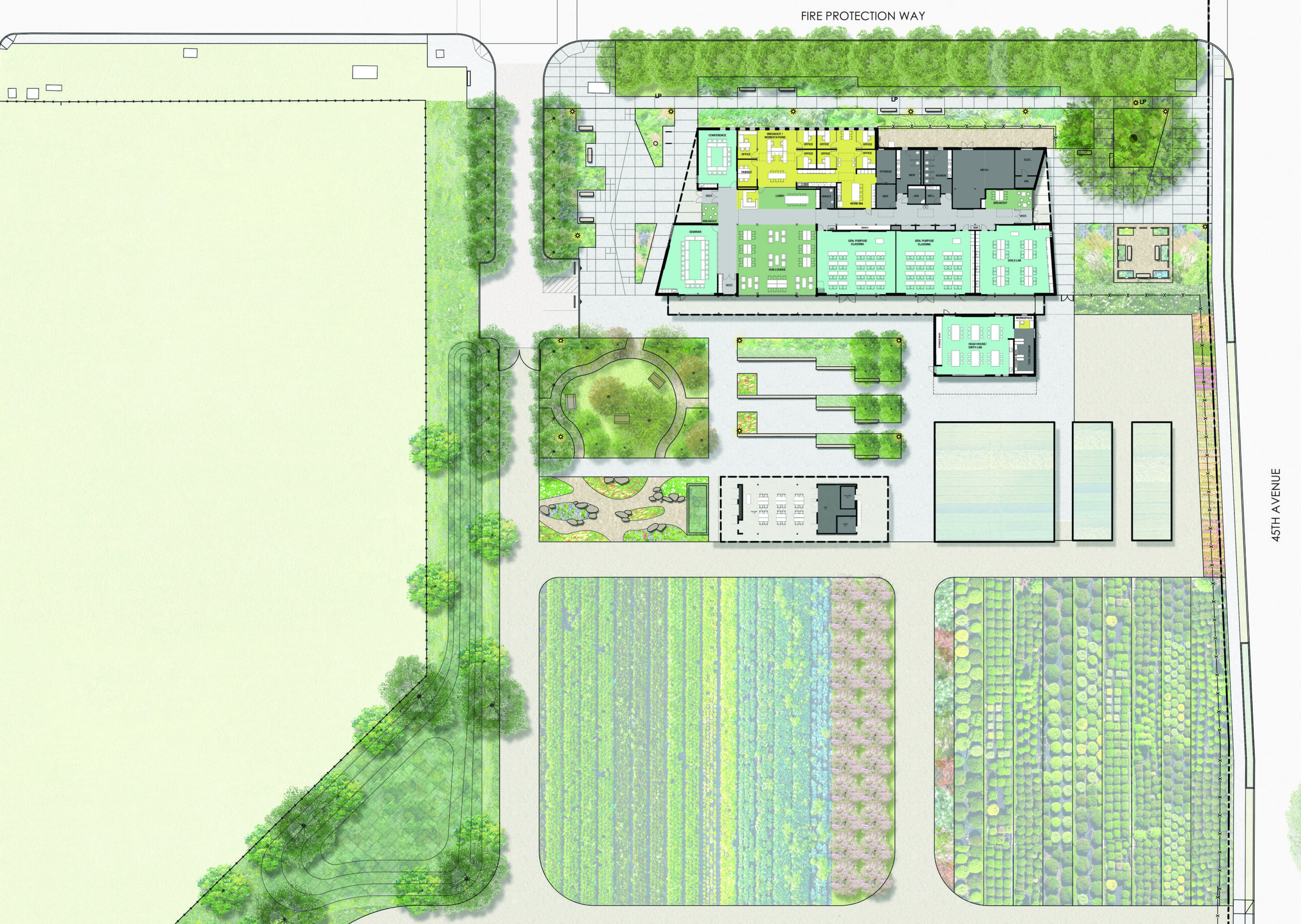 Graphic of an aerial showing the agriculture academic floorplan and the site plan including plaza and multiple learning gardens