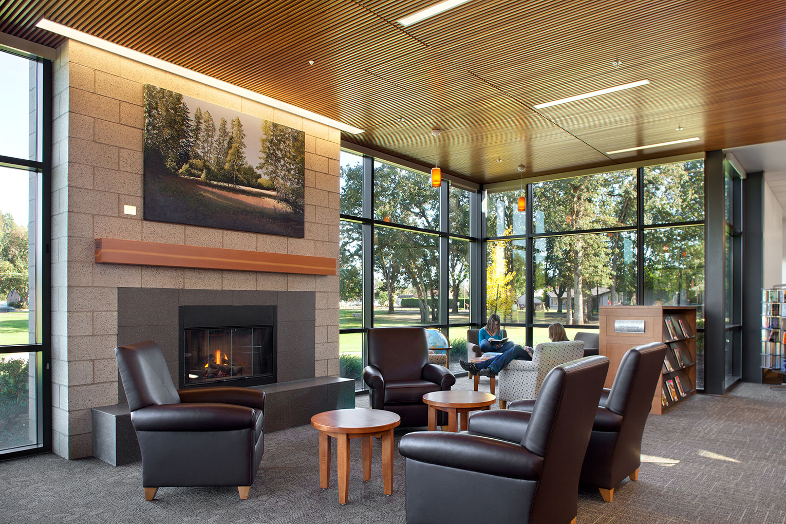 Cozy reading corner in a library with soft seating, views of the outdoors, and a fire in the fireplace