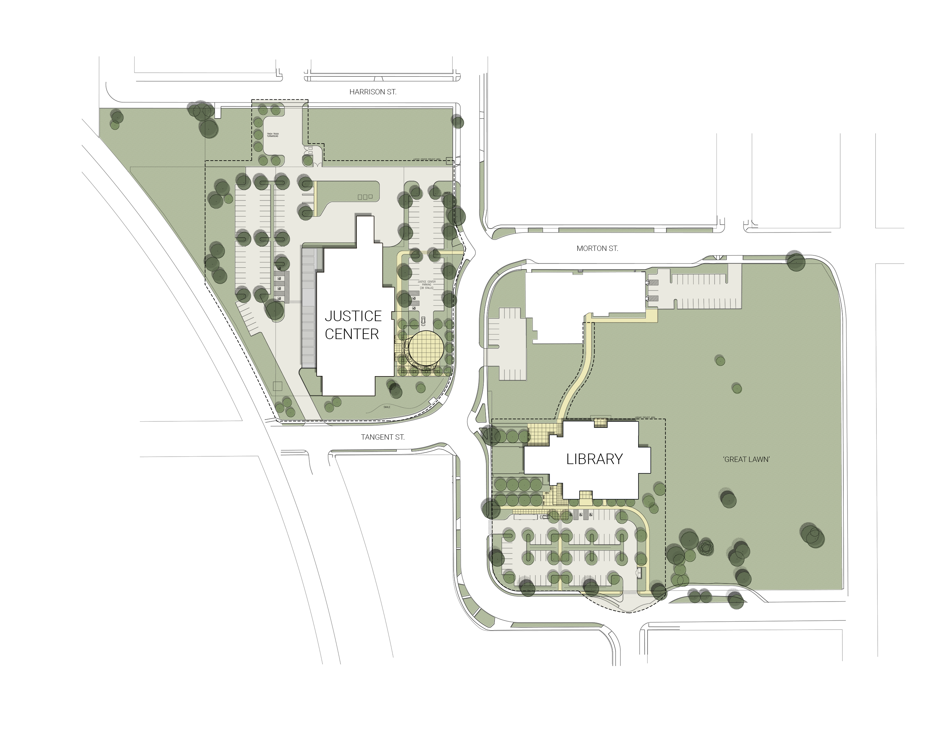 Site plan showing a library in the southeast and a justice center in the northwest