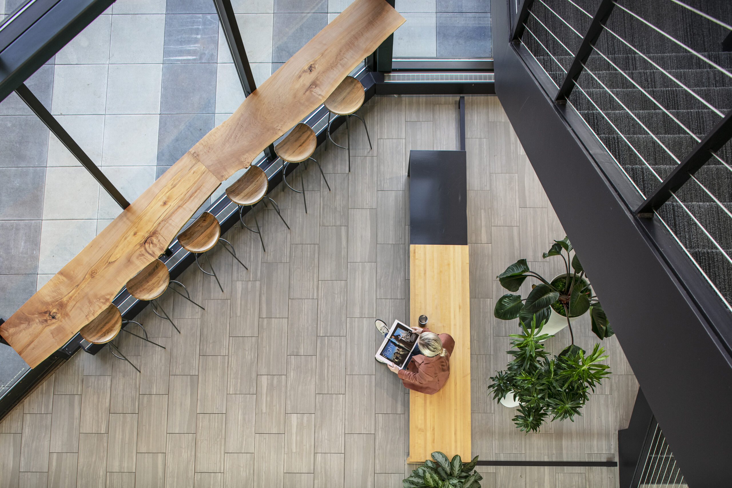 View of a contemporary office building lobby from above