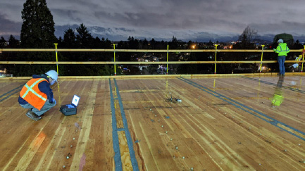 Evening shot of two construction workers in safety gear on the roof of a mass timber building under construction