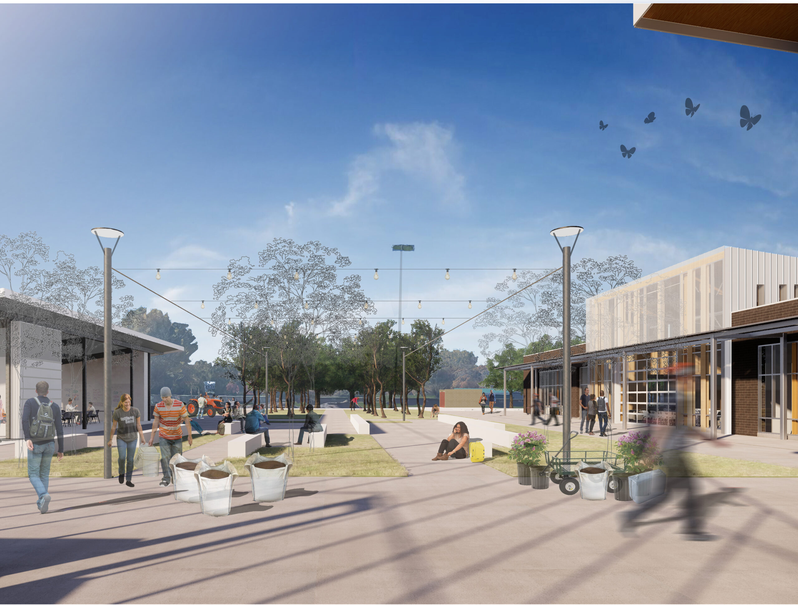An outdoor plaza with buildings on the right and left, trees, pots, and, people and bags of soil fill the photo