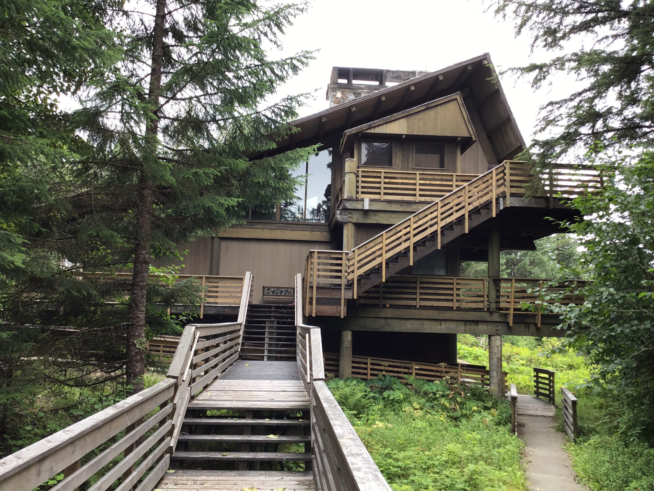 A series of boardwalks and stairs leading to a lodge in the forest