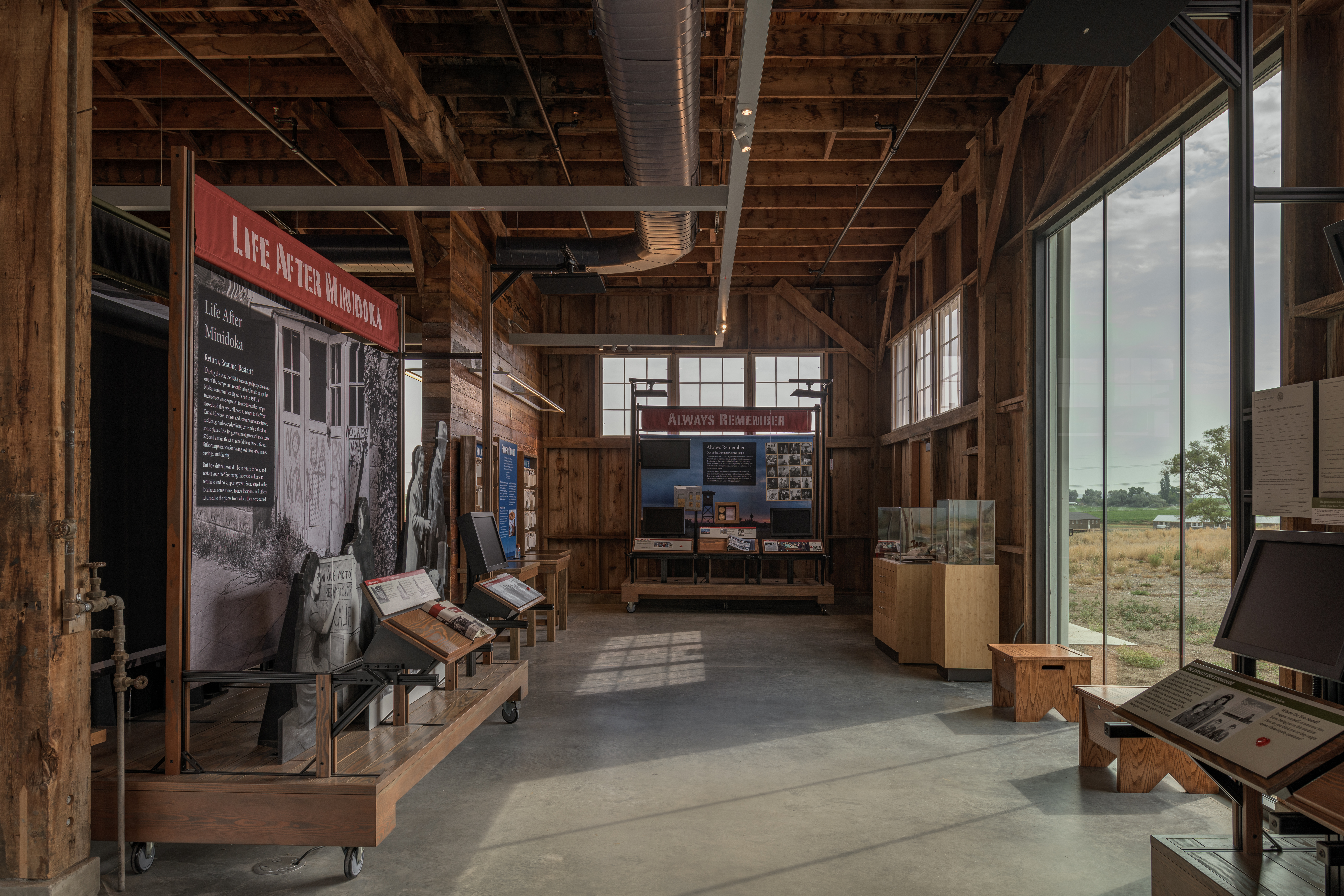 Interior of a converted historic automotive garage which now holds exhibits of the Japanese-American experience during World War II