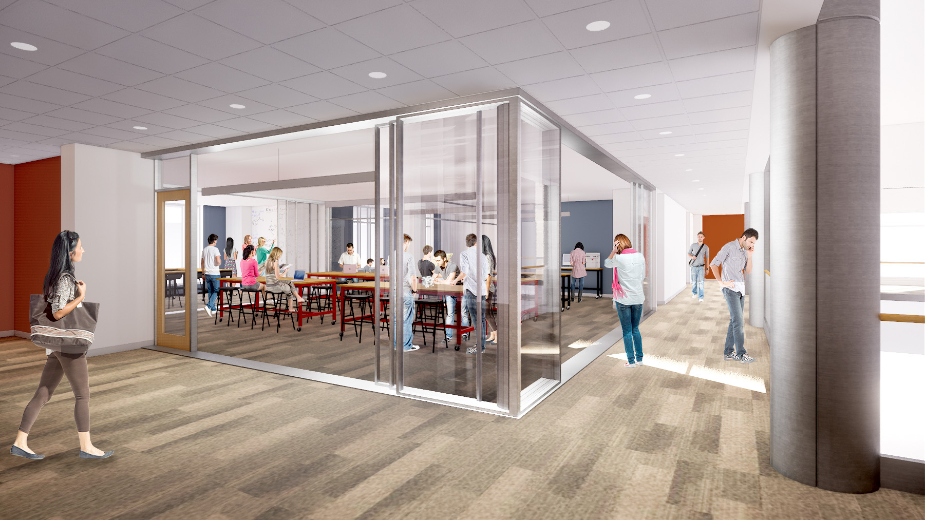 Rendering of a student walking toward a glassed-in maker space filled with other students engaged in a variety of activities