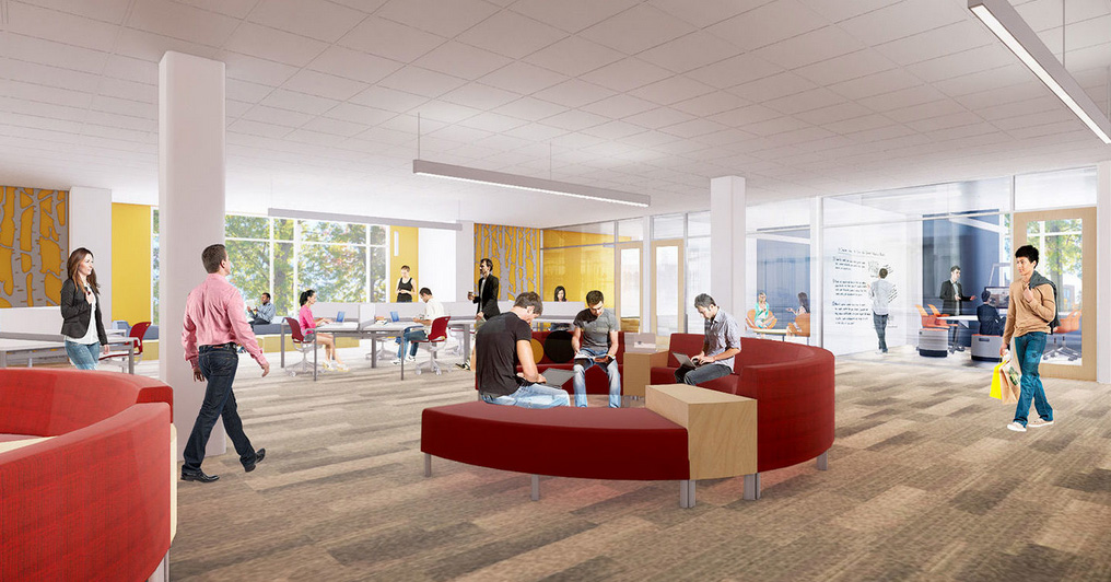 Rendering of a wide, well-lit academic library reading room with students walking through, reading on soft seating, and working at computer stations in the background