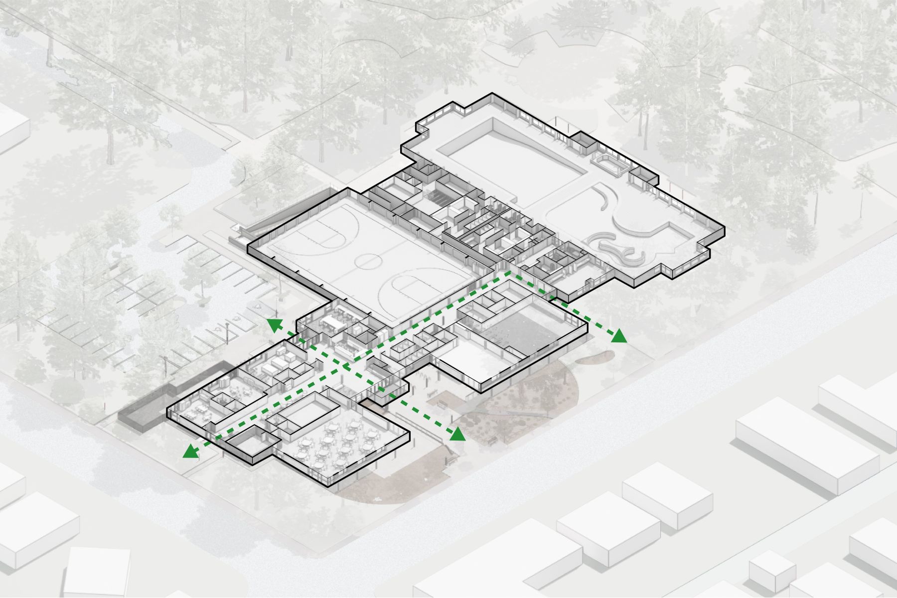 A circulation diagram illustrates clear pedestrian routes connecting major program areas throughout the renovated Mt. Scott Community Center.