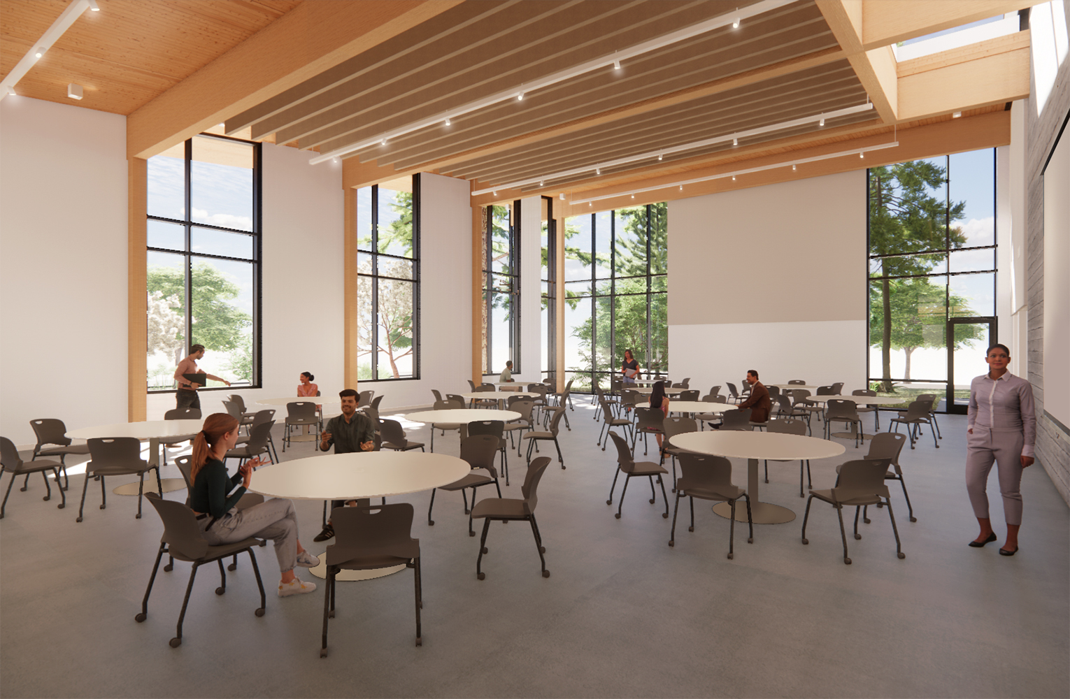 Architectural rendering of the daylit event hall with exposed mass timber structure