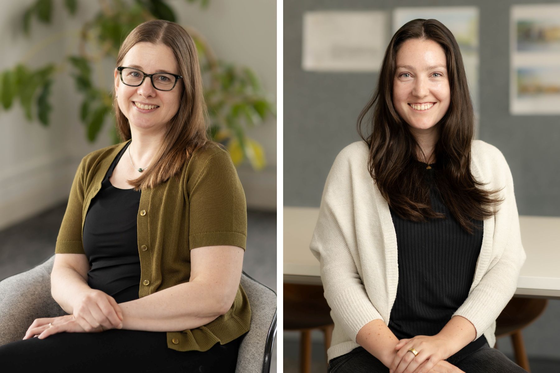 Portraits of two FFA team members celebrate professional milestones and growth within the firm.