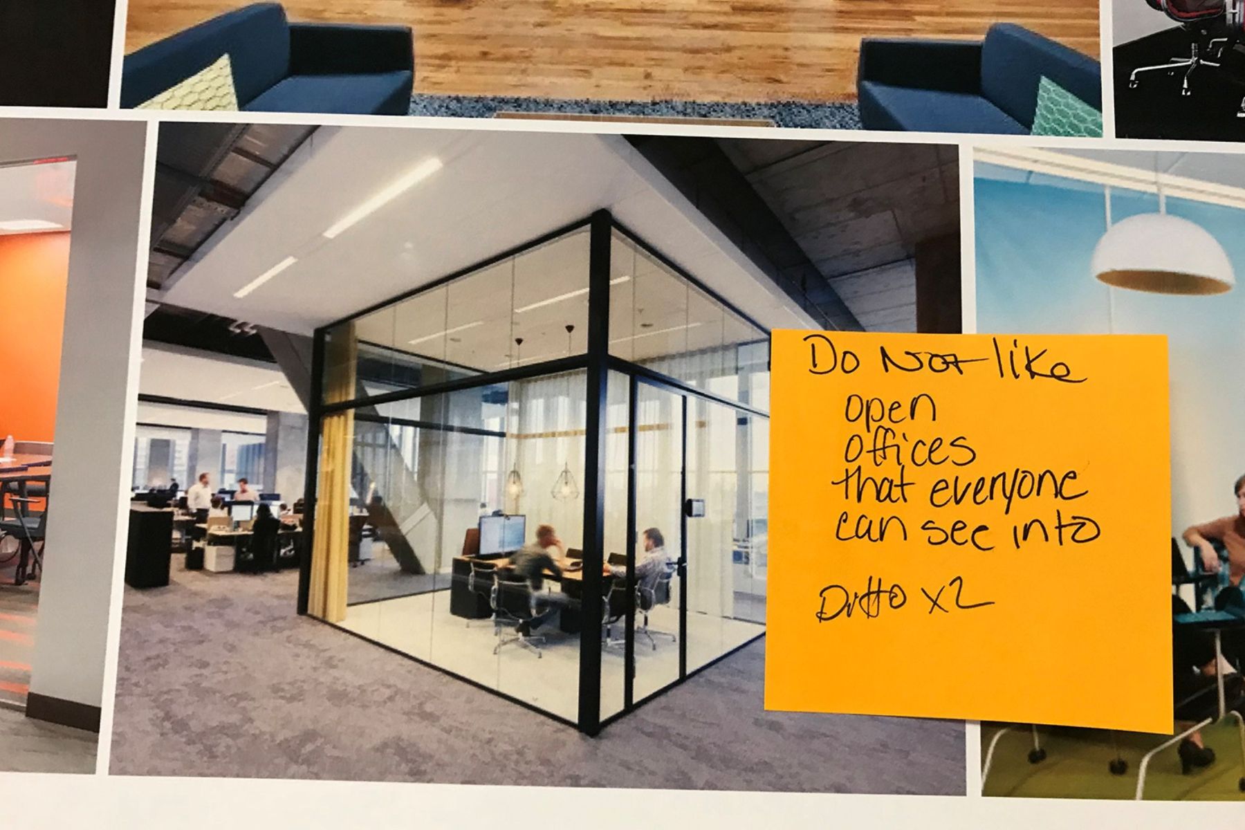 A visioning board shows a glass-walled open office with a handwritten note commenting greater privacy is needed.