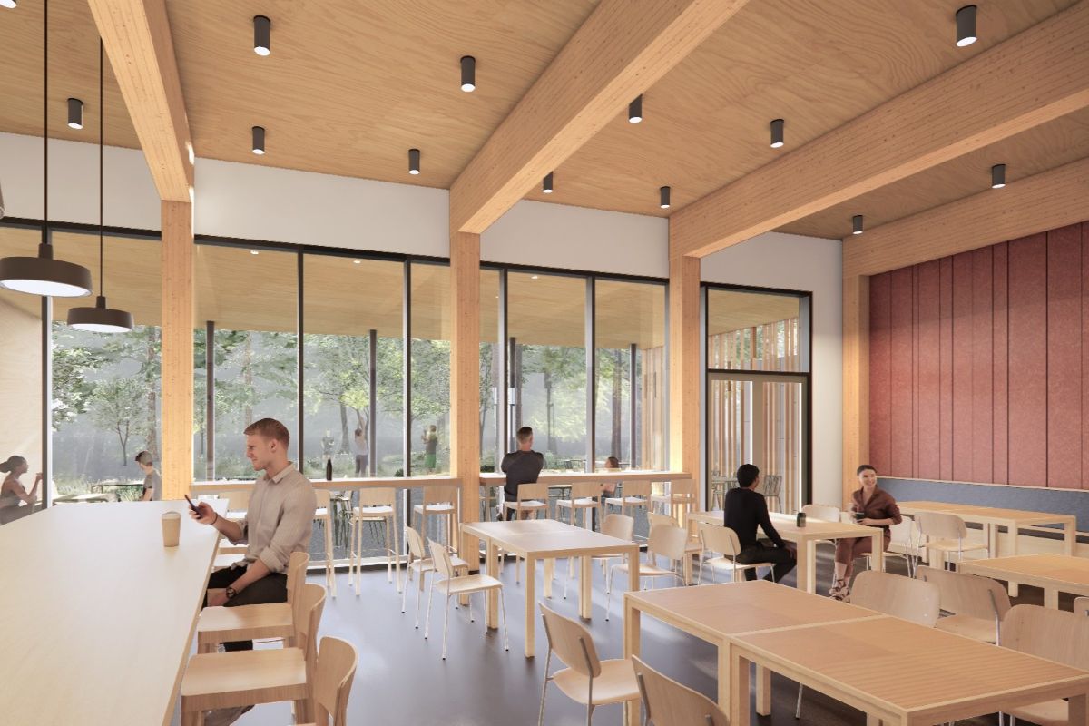 Rendering of the Corvallis Parks Operations Facility break room shows a warm mass timber interior with flexible seating and views to the surrounding landscape.