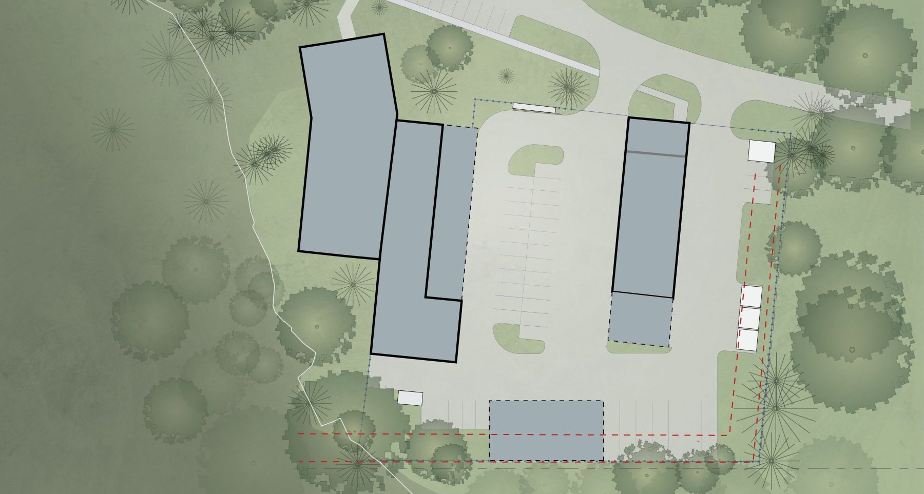 An early site plan for the Corvallis Parks Operations Facility shows building placement, parking, circulation, and preserved trees.