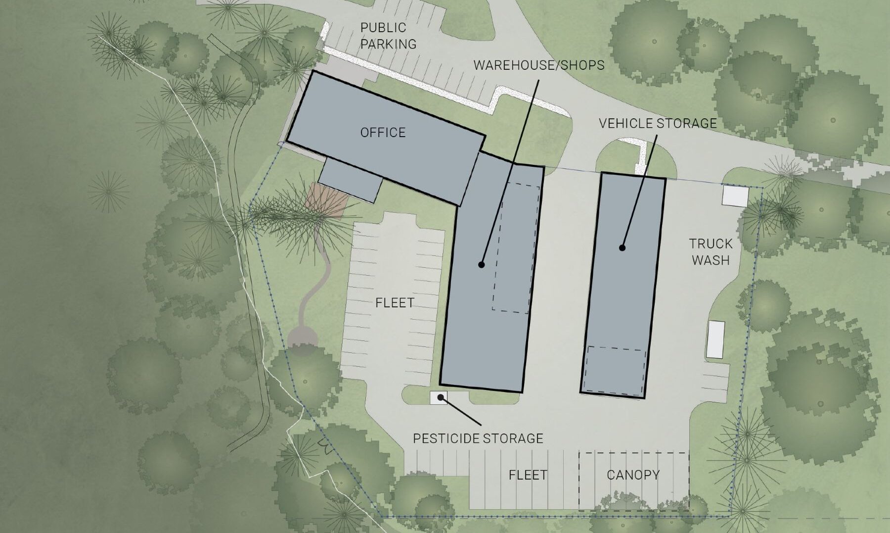 Site plan for the Corvallis Parks Operations Facility organizes offices, shops, vehicle storage, fleet parking, truck wash, and support functions within a wooded site.