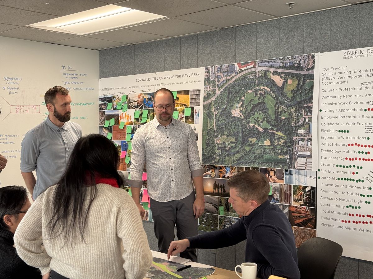FFA team members facilitate a collaborative visioning workshop for the Corvallis Parks Operations Facility using maps, imagery, and stakeholder feedback.