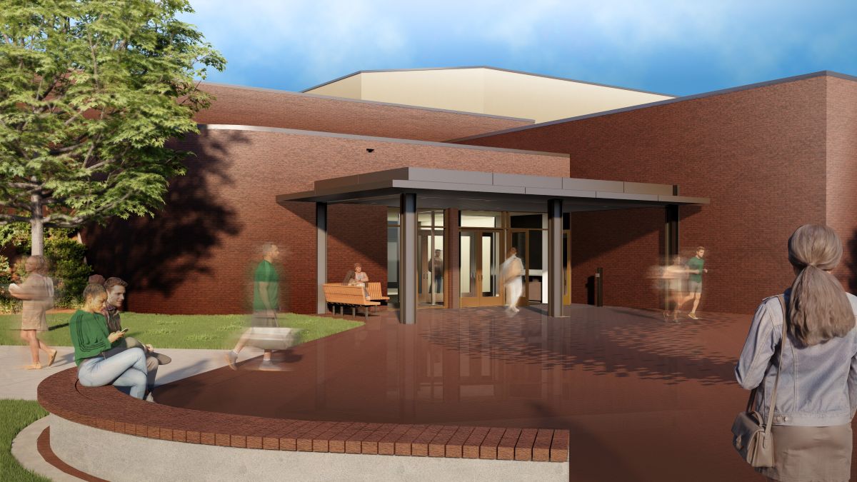 Rendering of the renovated Chemeketa Athletic Center entrance adds a welcoming canopy, expanded glazing, seating, and landscaped gathering space.
