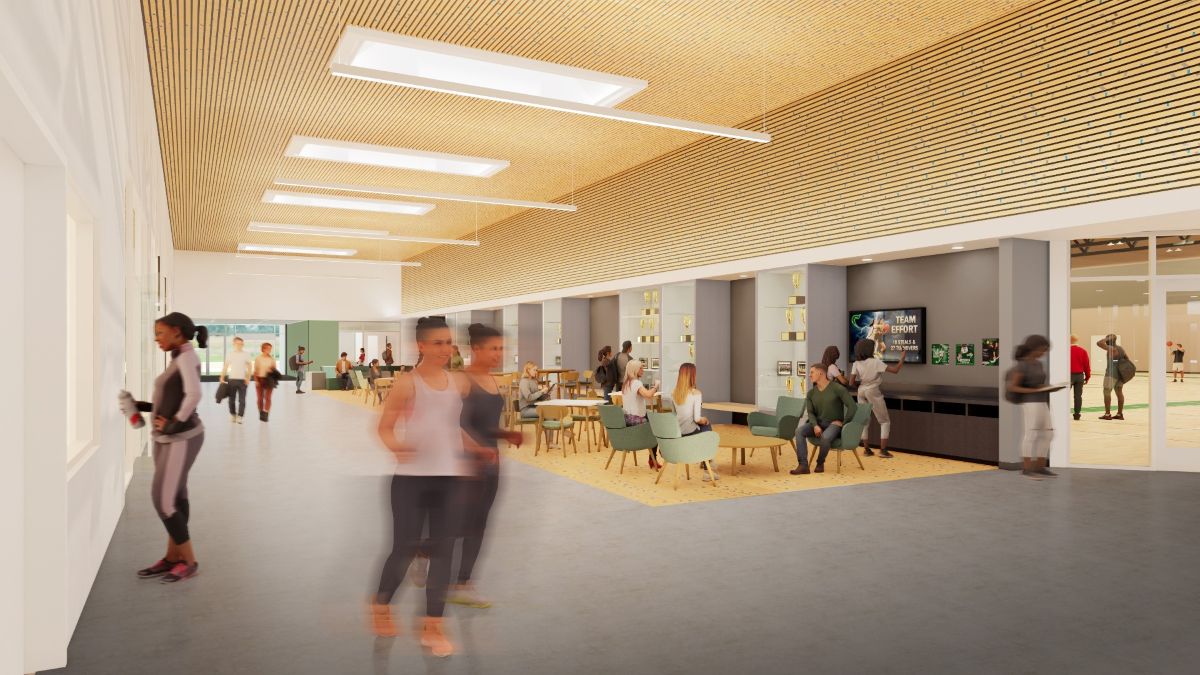 Rendering of the renovated Chemeketa Athletic Center lobby shows flexible seating, improved daylight, warm wood ceilings, and clearer connections to activity spaces.